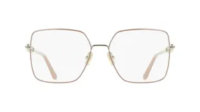 Lentes de receta con armazón metálico de diseño cuadrado en color rosado, con puente y patillas finas.