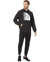 Buzo canguro negro con capucha, cordón de ajuste y bolsillo tipo canguro. Logotipo de The North Face estampado en blanco en el pecho.