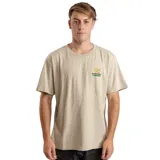 Remera color beige con estampado pequeño en el pecho con el logo de la marca Rivvia en amarillo y verde.