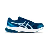 Championes de running Asics modelo Gel-Nagoya 4, color negro con detalles en blanco y gris. Presentan una estructura de malla transpirable, cordones ajustables y suela con tecnología de amortiguación.