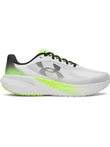 Championes de running Under Armour modelo Velociti Pace, color blanco con detalles en verde neón y negro. Presentan parte superior de malla transpirable, amortiguación reactiva HOVR y suela de goma completa para mayor tracción.