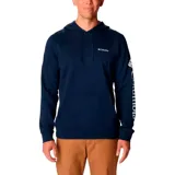 Buzo tipo canguro con capucha ajustable y bolsillo frontal, de color azul marino. Presenta el logo de la marca estampado en el pecho y en la manga izquierda.