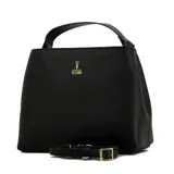 Cartera de mano o de hombro color negro, con textura de cuero granulado y logo Vizzano dorado en el centro. Incluye asas superiores y una correa ajustable y desmontable.