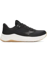Championes de entrenamiento Under Armour modelo W Aurora 3, diseñados específicamente para el pie femenino. Presentan una parte superior de malla transpirable en color negro con detalles en gamuza, mediasuela blanca con amortiguación Charged+ y suela de goma color caramelo con patrón de tracción multidireccional.