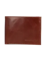 Billetera de cuero color marrón con costuras a tono y logo de la marca grabado en la parte inferior.