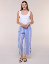 Pantalón de algodón rústico color verde, de tiro medio-alto con pretina elastizada y bolsillos laterales. Presenta corte holgado, diseño cropped de pierna ancha y aberturas laterales en los tobillos con detalles de botones.