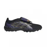 Championes de fútbol adidas Predator League KAKA FT TF, de color negro con detalles en morado y estampado de leopardo, y líneas doradas en el lateral. Cuenta con lengüeta plegable y suela con multitoperoles diseñada para canchas de césped sintético.