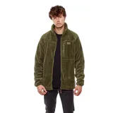 Campera de polar verde militar con cierre frontal, cuello alto y bolsillos laterales con cierre.