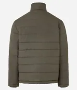 Campera puffer negra con cuello alto, cierre frontal con botones a presión, bolsillos laterales y un bolsillo cargo en el pecho. Presenta un diseño acolchado y forro interior suave.