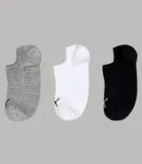 Kit de tres pares de medias Puma de caño bajo en color gris, blanco y negro, con logo de la marca bordado en el tobillo.