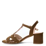 Sandalias de tacón ancho Miss Carol modelo Serella, color marrón, con diseño de tiras cruzadas y tira en T decorada con detalles metalizados dorados, además de tira ajustable al tobillo con hebilla.