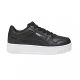 Championes Puma Runtamed Platform de estilo urbano, con capellada de cuero sintético negro y suela de plataforma blanca con relieve. Presenta el logo de la marca en tono metalizado en el lateral y en la parte trasera de la suela.