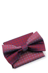 Moña amarilla con estampado floral y pañuelo de bolsillo a juego, presentados en caja negra.