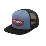 Gorra tipo trucker Volcom con frente azul, visera plana negra y panel trasero de malla negra. Presenta un parche frontal con el logo de la marca bordado en blanco y rojo.