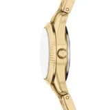 Reloj analógico Fossil modelo Scarlette, con caja y malla de acero inoxidable en tono dorado. Presenta una esfera dorada con efecto sunray, índices con cristales y bisel estriado.