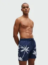Short de baño azul marino de secado rápido, con estampado de palmeras blancas y cordón ajustable en la cintura.
