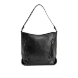 Cartera tipo hobo de cuero sintético color negro, con asa única para llevar al hombro y dos bolsillos frontales con cierre vertical.