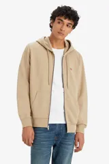 Buzo hoodie con cierre frontal de la marca Levi's, color beige, con capucha ajustable con cordón, bolsillos tipo canguro y logo pequeño en el pecho.