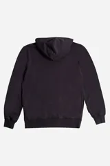 Buzo canguro de felpa sin frisa, color negro, con capucha ajustable con cordones, logo bordado en el pecho, bolsillos laterales y puños acanalados.