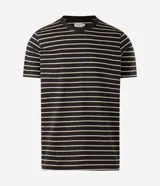 Remera masculina de corte regular, confeccionada en tejido de algodón y poliéster, con diseño de rayas horizontales en hilo teñido, cuello redondo y manga corta.