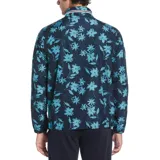 Campera con capucha y cierre frontal, color azul marino con estampado floral celeste.