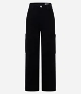 Pantalón cargo negro de tiro alto confeccionado en sarga de algodón, con bolsillos laterales utilitarios y trabillas para cinturón.