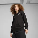 Campera hoodie Puma CLASS Relax.full-zip TR, color negro, con cierre frontal completo, bolsillos tipo canguro y logo estampado en el pecho.