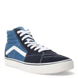 Championes tipo botita de estilo urbano, con diseño bicolor en tonos azul y azul marino. Presentan paneles laterales de lona, refuerzos de gamuza en la puntera y talón, y la característica franja lateral en color blanco. Cuentan con cierre de cordones y suela de goma blanca con detalle de línea negra.
