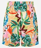 Short de viscosa con estampado de follaje y tucanes, de cintura alta con elástico y bajo dobladillado.