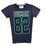 Remera negra de algodón con estampado frontal de la marca "Duxon" y el número 82 en verde con borde blanco.