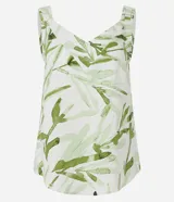 Blusa sin mangas Marfinno de viscolino, con escote en V y estampa de follaje verde sobre fondo beige. Cuenta con breteles anchos fruncidos.