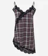Blusa sin mangas de viscosa con estampado de cuadros, breteles finos ajustables y aplicación de encaje en el escote y en el ruedo asimétrico.