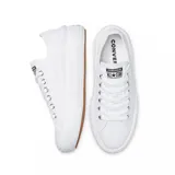 Championes urbanos Converse Chuck Taylor All Star Move Low Top, color blanco, con plataforma y suela de goma color caramelo.