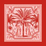 Pañuelo cuadrado de seda color rojo con estampado de palmeras y tigres.