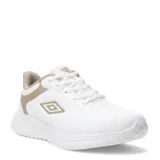 Championes blancos de tela con detalles en beige en el talón, el logo y el contorno de los cordones.