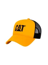 Gorro tipo trucker Caterpillar color amarillo en el panel frontal y visera, con red negra en los paneles traseros. Cuenta con el logotipo impreso de la marca en alta densidad en el frente y broche de ajuste trasero.
