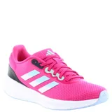 Championes de running Adidas Run Falcon 2.0, color fucsia con detalles en celeste y blanco. Presentan el logo de la marca en la lengüeta y las tres tiras características en los laterales. Cuentan con suela de goma blanca y refuerzo negro en el talón.