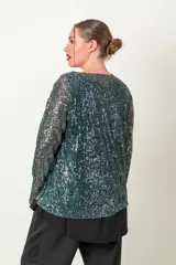 Blusa de fiesta con lentejuelas plateadas y verde esmeralda, forrada en viscosa, con escote en V y mangas tres cuartos.
