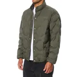 Campera puffer Katin color verde oliva, con diseño acolchado de ondas, cierre frontal con botones a presión y cuello alto.