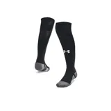 Medias largas de fútbol Under Armour negras con detalles grises en el talón y la puntera, y logo blanco en la parte superior.