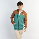 Campera con capucha marrón y verde con cierre frontal y logo bordado en el pecho.