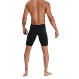 Calza de natación Speedo negra con paneles laterales estampados en celeste y gris.