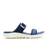 Sandalia deportiva Merrell de diseño ergonómico, con doble tira ajustable en el empeine y cierre de hebilla. Presenta una entresuela de espuma EVA en color crema y suela con relieve para mayor tracción.