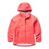 Chaqueta impermeable de diseño técnico, color coral, con capucha ajustable, cierre frontal con solapa protectora y bolsillos laterales. Presenta un corte entallado con espalda ligeramente más larga y puños ajustables con velcro.