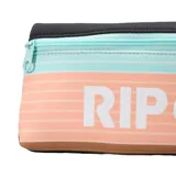 Cartuchera Rip Curl con diseño a rayas horizontales en tonos pastel, logo de la marca estampado en blanco y cierre superior con cremallera.
