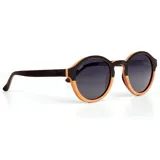 Lentes de sol Indie Hill con montura redonda de madera en dos tonos, negro en la parte superior y madera clara en la inferior. Lentes polarizadas grises.