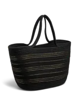 Bolso shopper de algodón color negro, con hilos de lurex dorado entrelazados y doble asa superior.