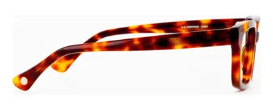 Armazón de acetato color carey con forma rectangular alargada, patillas con núcleo de metal plateado y terminales antideslizantes.