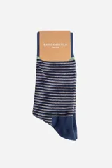 Media larga Brooksfield con diseño de rayas horizontales en tonos azul y gris, confeccionada en mezcla de algodón, nylon y elastano.