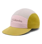 Gorra Columbia Wingmark de cinco paneles en combinación de colores rosado, gris, verde militar y mostaza, con visera curva, paneles laterales de malla y logo bordado en el frente.